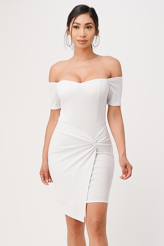 La Scala Off The Shoulder Twist Front Bodycon Cocktail Dress