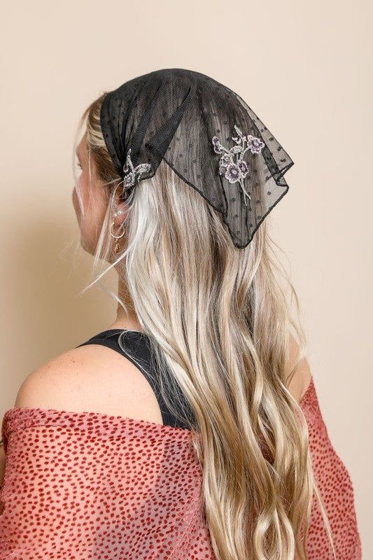 Tulle Lace Embroidered Poppy Headscarf - Boho Soho