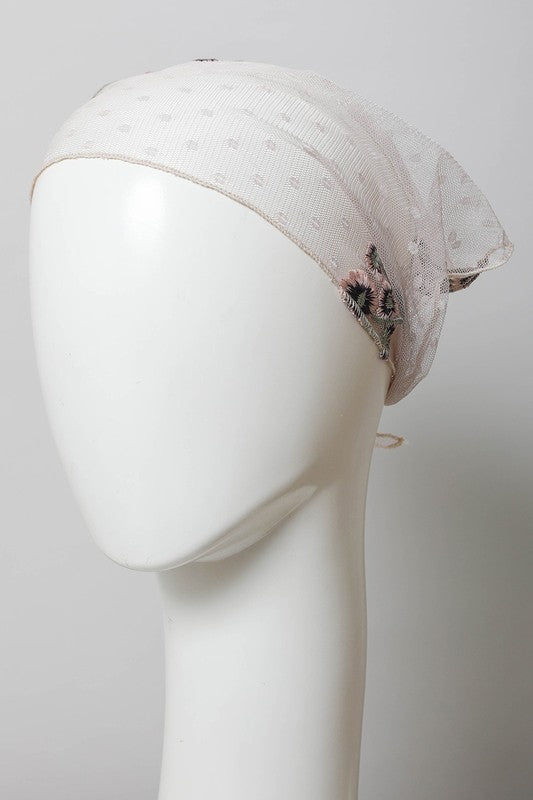 Tulle Lace Embroidered Poppy Headscarf - Boho Soho