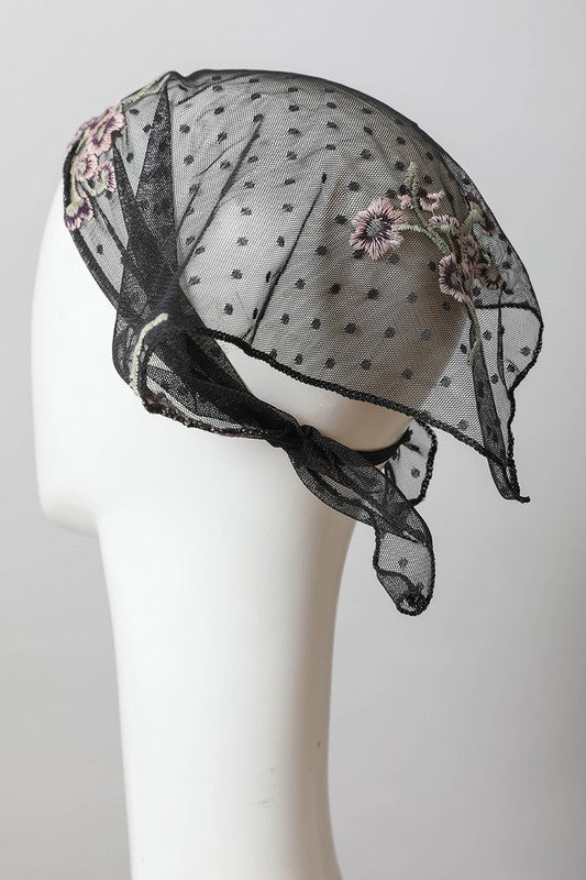 Tulle Lace Embroidered Poppy Headscarf - Boho Soho