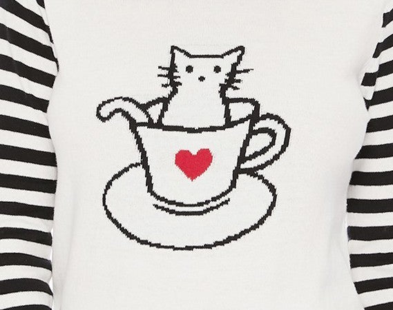 Mak Cute Cat In Cup Jacquard Sweater Top