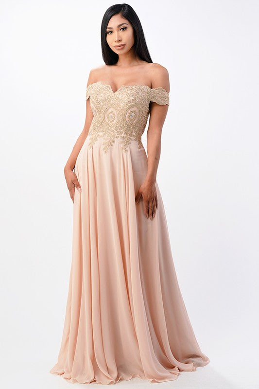 La Scala Gold Appliqué Off Shoulder Chiffon Gown Plus Size