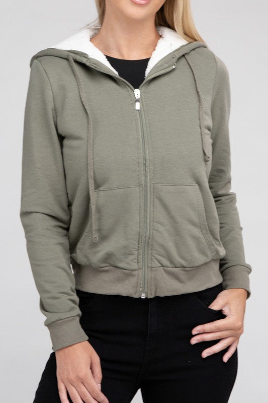 Ambiance Fuzzy Trim Zip-Up Crop Hoodie