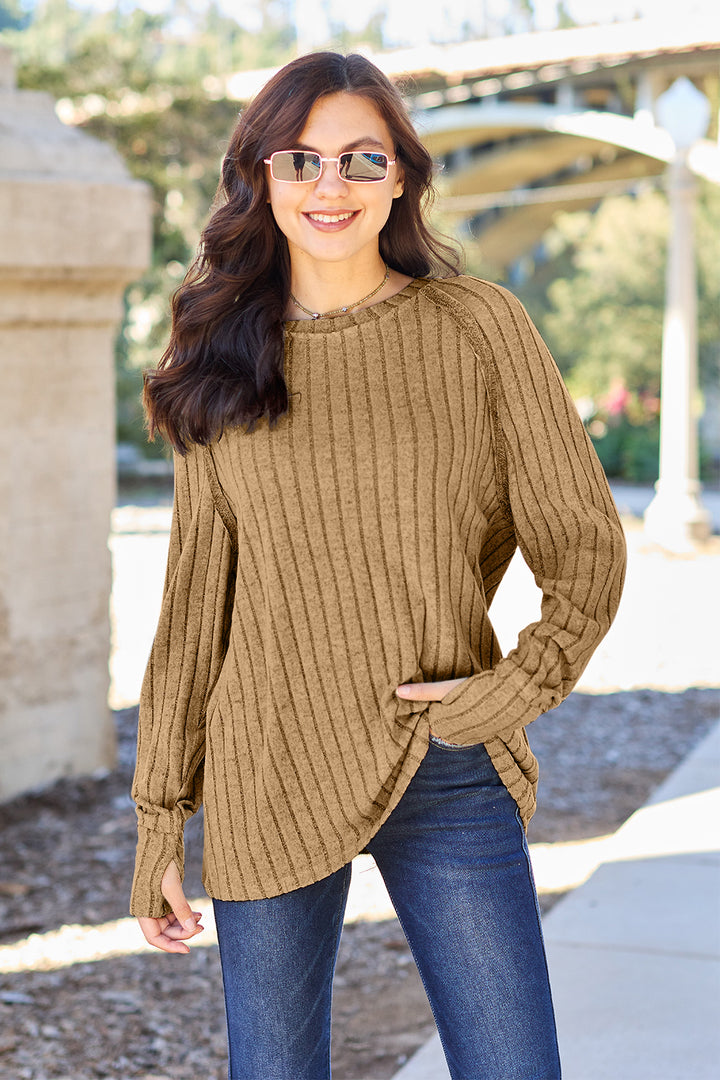 Basic Bae Ribbed Round Neck Long Sleeve Knit Top