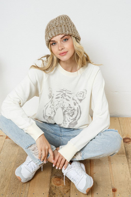 French Terry Tiger Studded Star Graphic Sweatshirt - Boho Soho