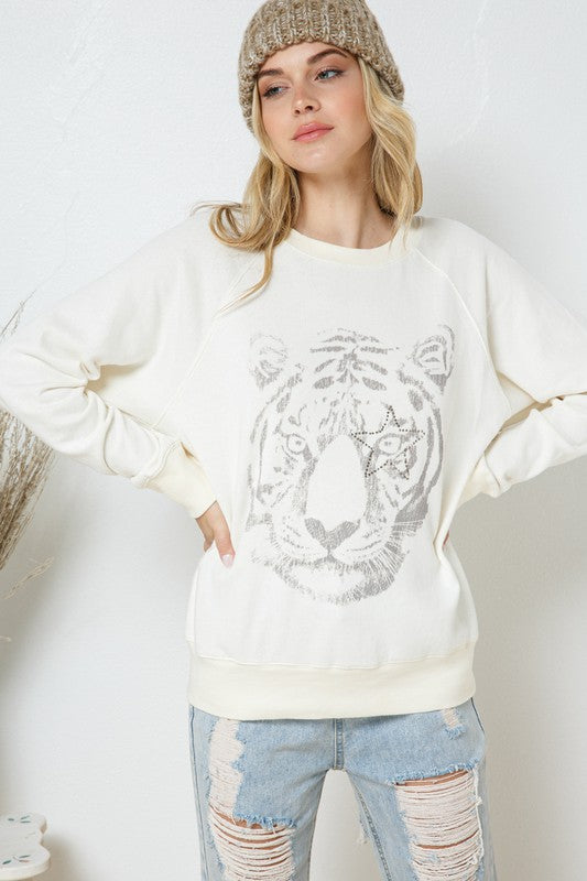 French Terry Tiger Studded Star Graphic Sweatshirt - Boho Soho