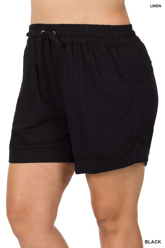 Zenana Plus Linen Drawstring-Waist Shorts with Pockets