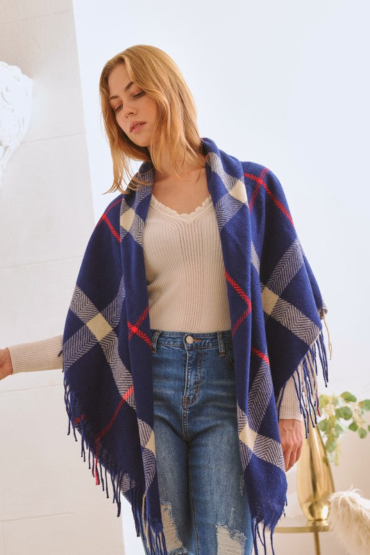 PLAID SQUARE FRINGE SHAWL SCARF