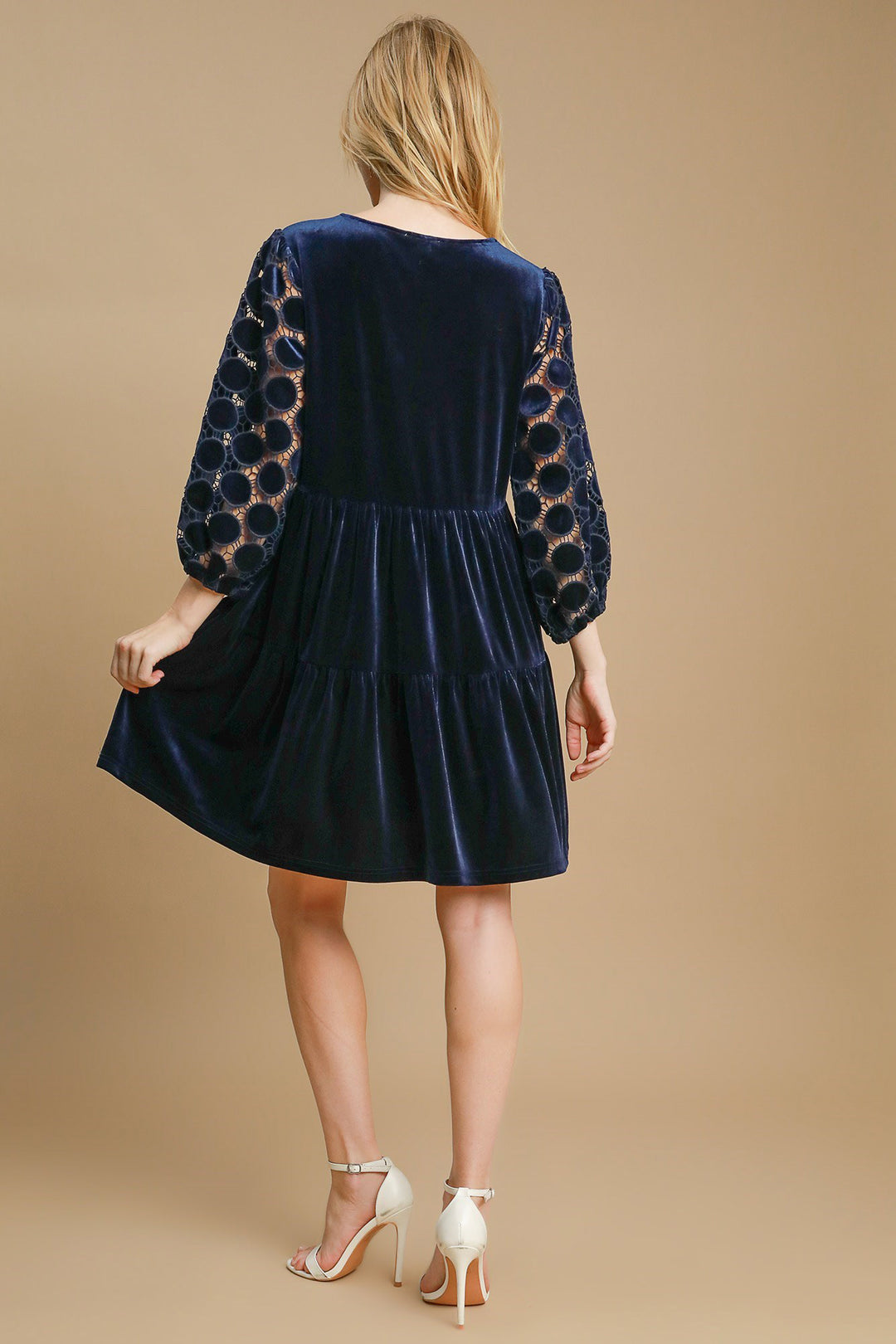 Umgee Dotted Lace Sleeve Tiered Velvet Mini Dress | Boho Soho Umgee Dotted Lace Sleeve Tiered Velvet Mini Dress | Boho Soho