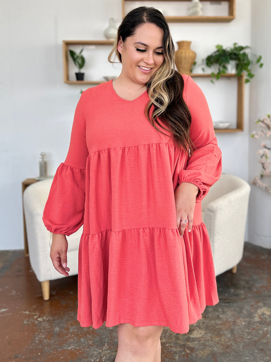 Double Take V-Neck Balloon Sleeve Tiered Dress with Pockets