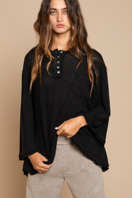 POL Waffle Knit Bell Sleeve Oversized Top