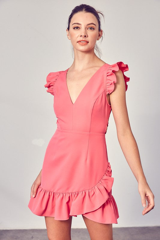 DO + BE COLLECTION V-Neck Ruffle Lace Up Back Dress