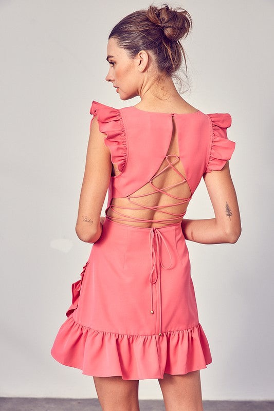 DO + BE COLLECTION V-Neck Ruffle Lace Up Back Dress