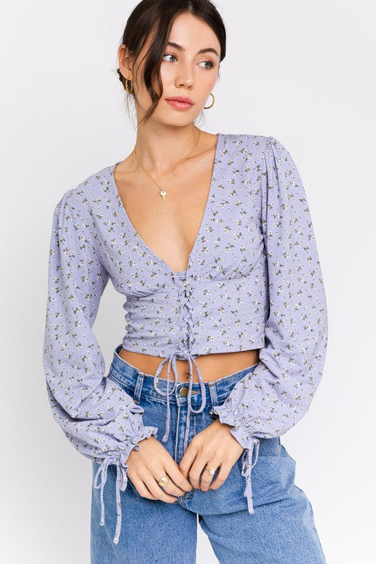 Puff Sleeve Lace-Up V-Neck Top - Boho Soho