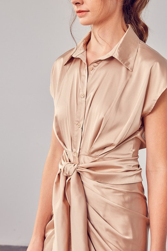 DO + BE COLLECTION Collar Button Up Front Tie Dress