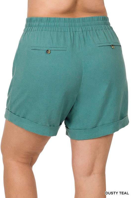 Zenana Plus Linen Drawstring-Waist Shorts with Pockets