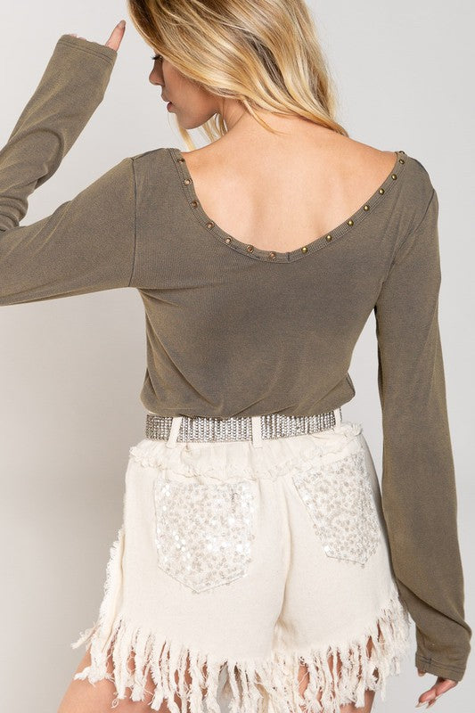 Studded Ribbed V-Neck Top - Boho Soho