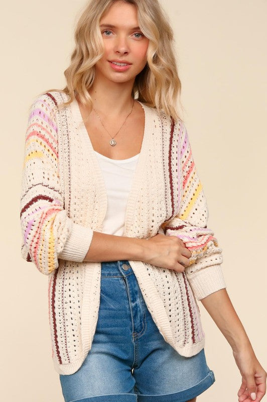 Haptics Striped Crochet Open Front Cardigan