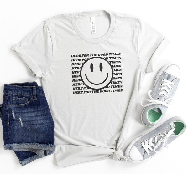 Here For The Good Times Smiley Face Graphic Tee