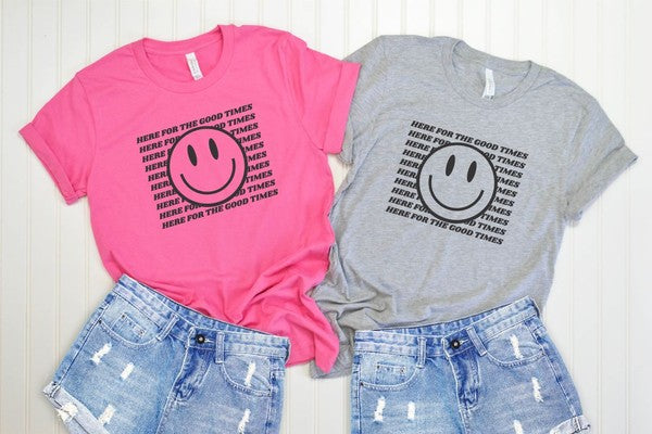 Here For The Good Times Smiley Face Graphic Tee