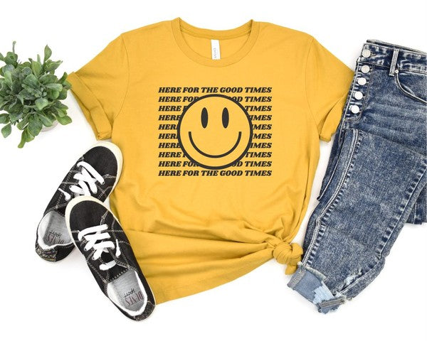 Here For The Good Times Smiley Face Graphic Tee