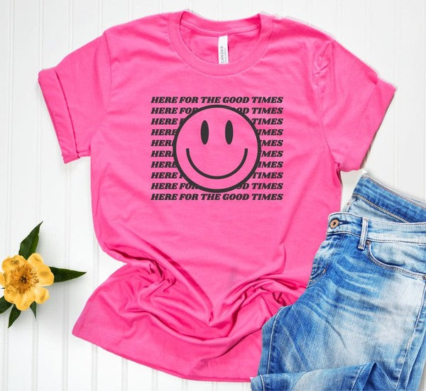 Here For The Good Times Smiley Face Graphic Tee