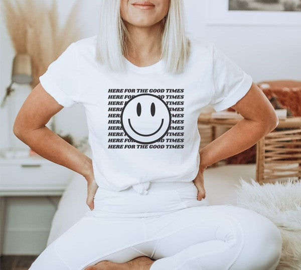 Here For The Good Times Smiley Face Graphic Tee