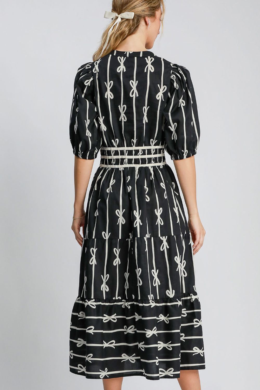 Umgee Bow Print Notched Contrast Velvet Trim Midi Dress