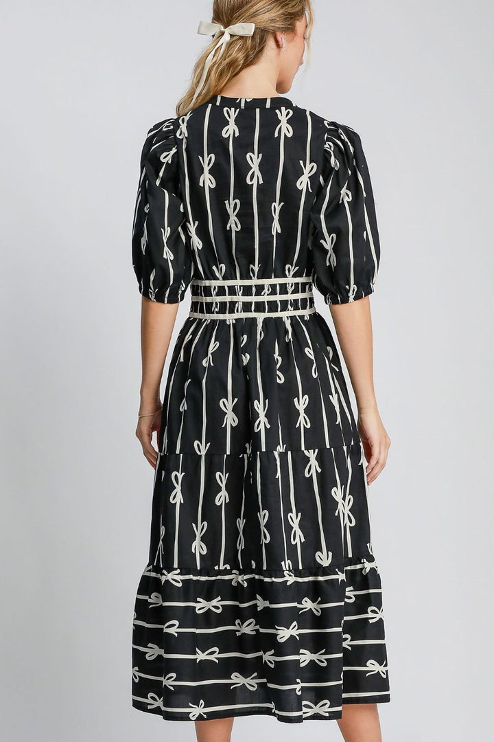 Umgee Bow Print Notched Contrast Velvet Trim Midi Dress