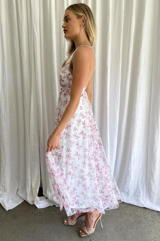One and Only Collective Floral Printed Plunging Neck Tulle Maxi Dress