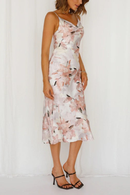 Floral Print Satin Midi Dress - Boho Soho