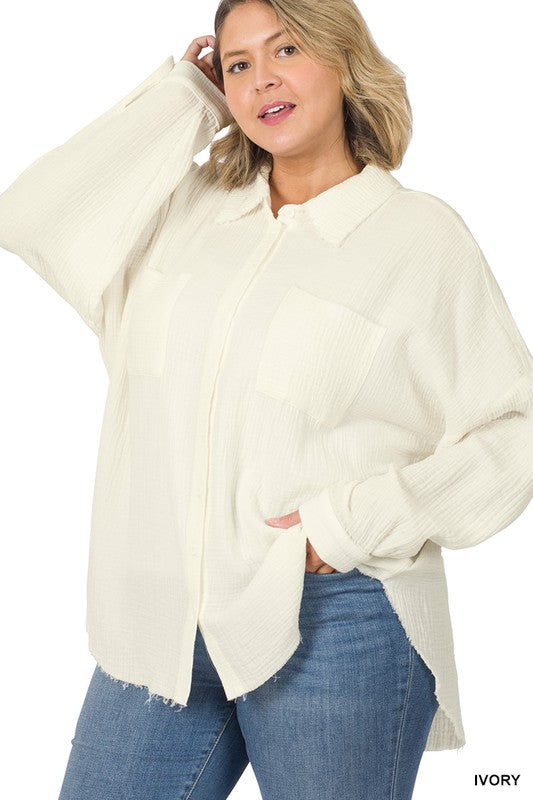 Zenana Plus Oversized Raw Edge Shirt