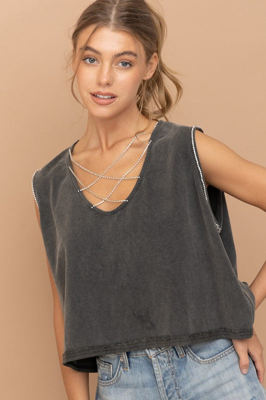 Mineral Washed Rhinestone Tank - Boho Soho