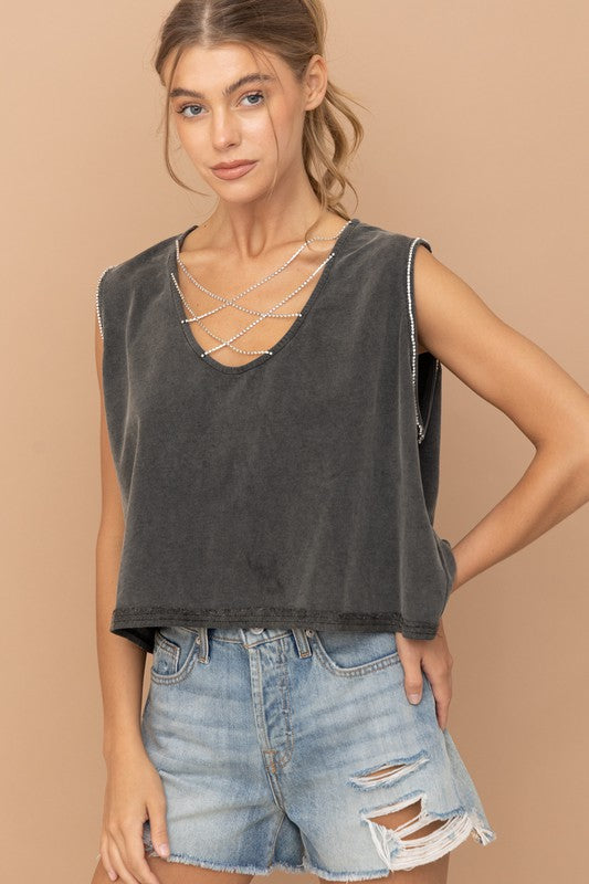 Mineral Washed Rhinestone Tank - Boho Soho