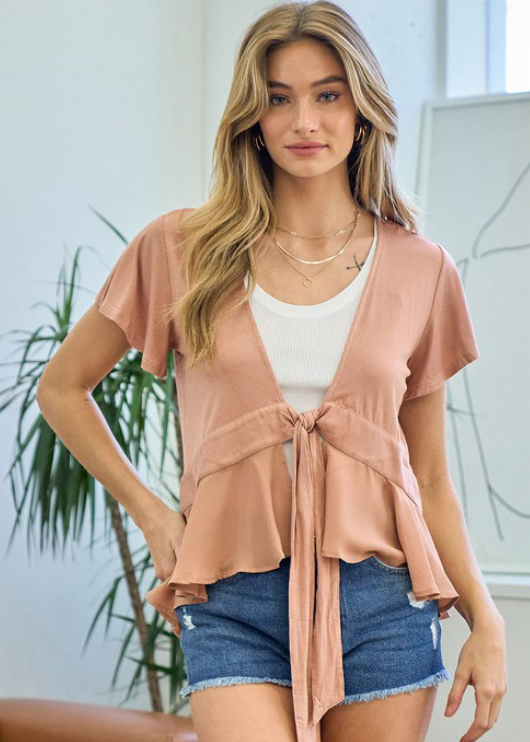 Doe and Rae Tie Front Ruffle Top