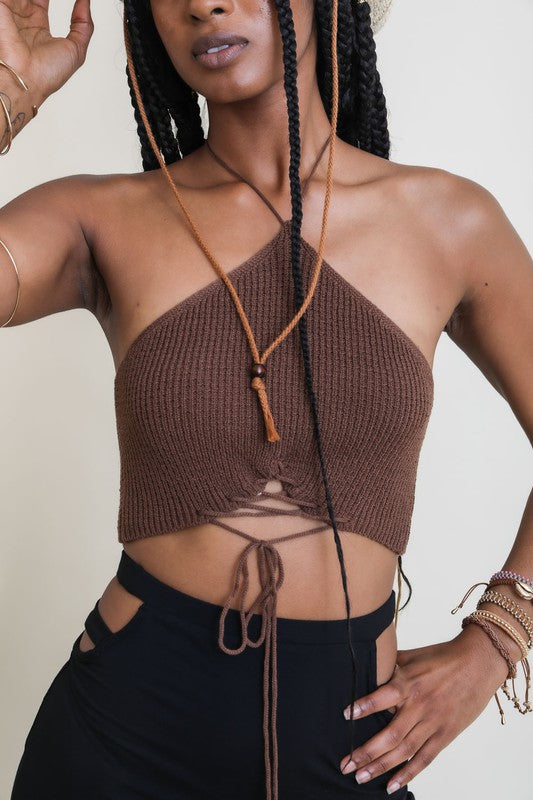 Lace-Up Halter Knit Bralette - Boho Soho