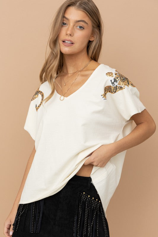 Tiger Sequin Patch T Shirt - Boho Soho