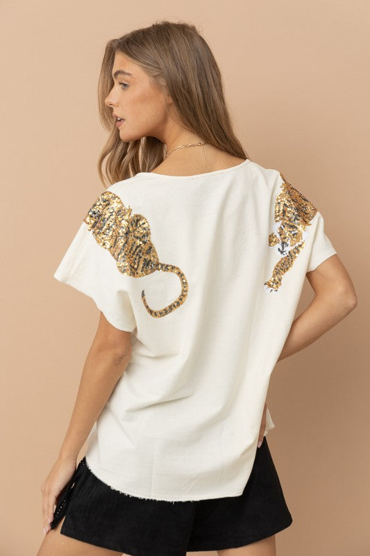 Tiger Sequin Patch T Shirt - Boho Soho