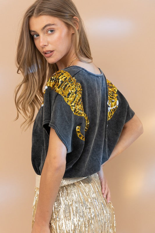 Tiger Sequin Patch T Shirt - Boho Soho