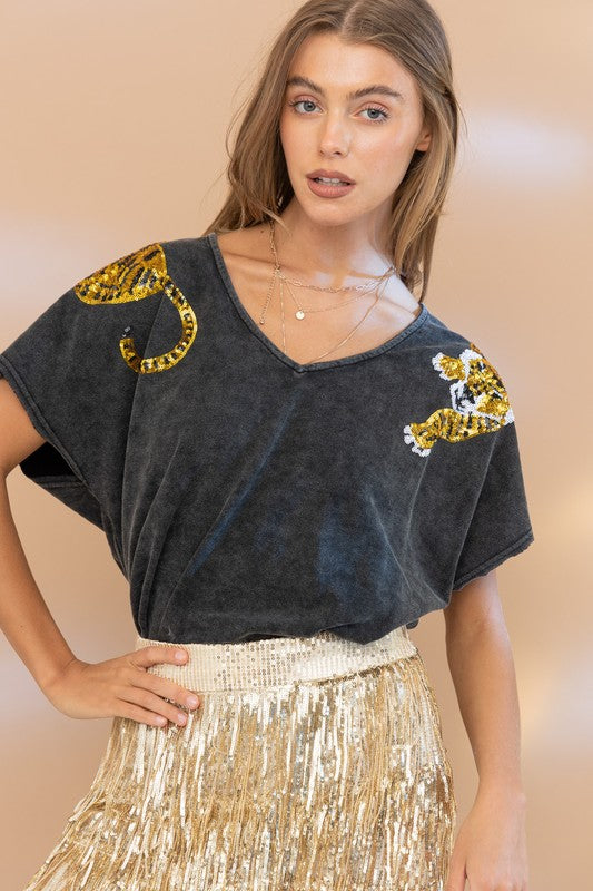 Tiger Sequin Patch T Shirt - Boho Soho