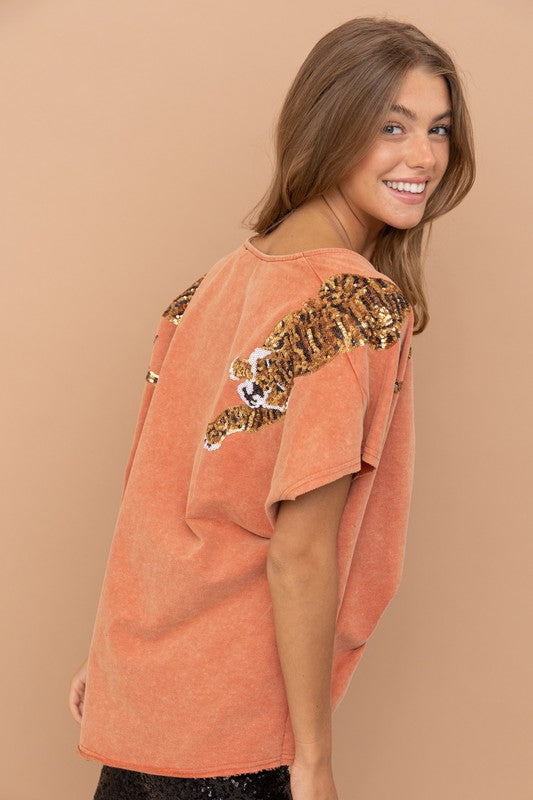 Tiger Sequin Patch T Shirt - Boho Soho