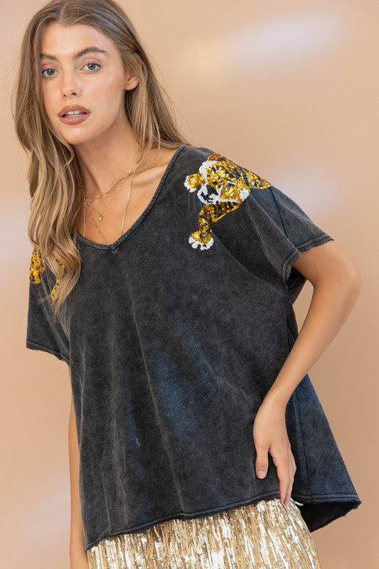 Tiger Sequin Patch T Shirt - Boho Soho