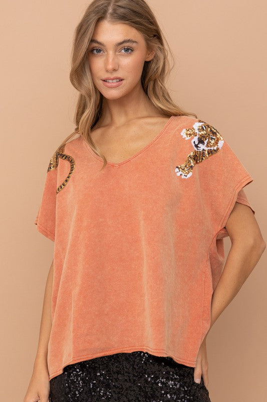 Tiger Sequin Patch T Shirt - Boho Soho