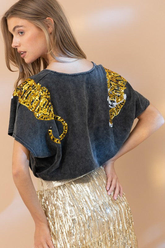 Tiger Sequin Patch T Shirt - Boho Soho