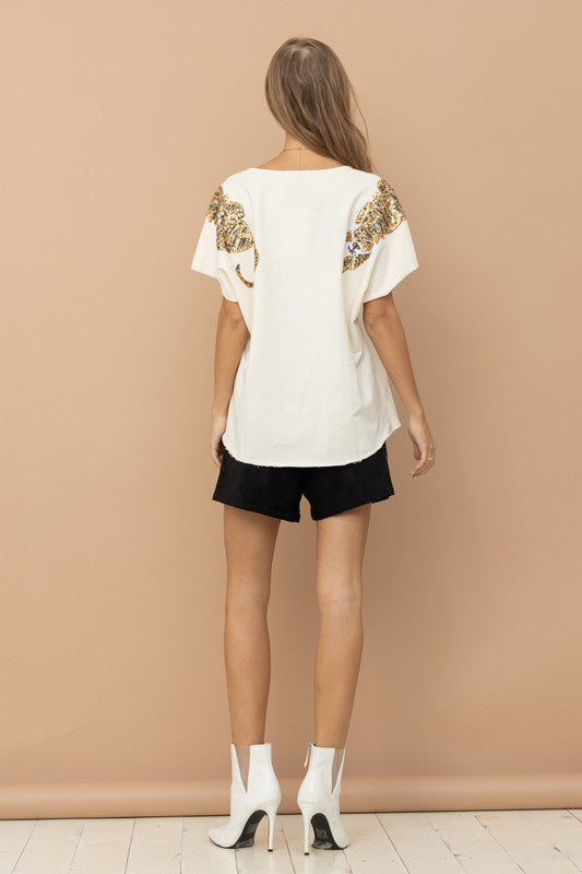 Tiger Sequin Patch T Shirt - Boho Soho