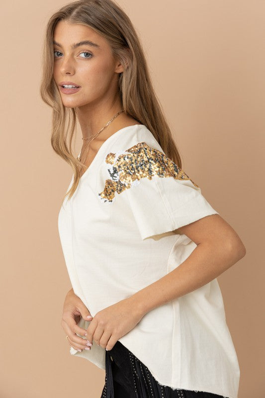 Tiger Sequin Patch T Shirt - Boho Soho