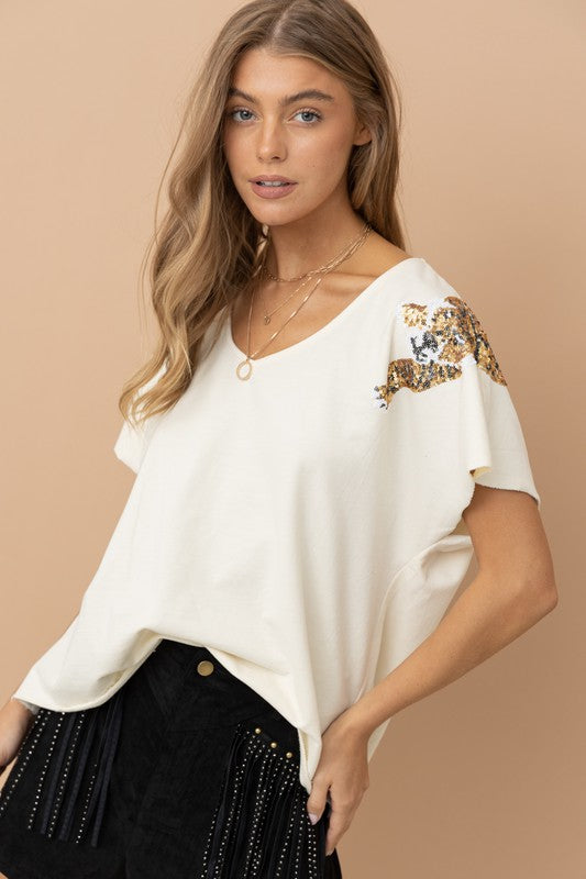 Tiger Sequin Patch T Shirt - Boho Soho