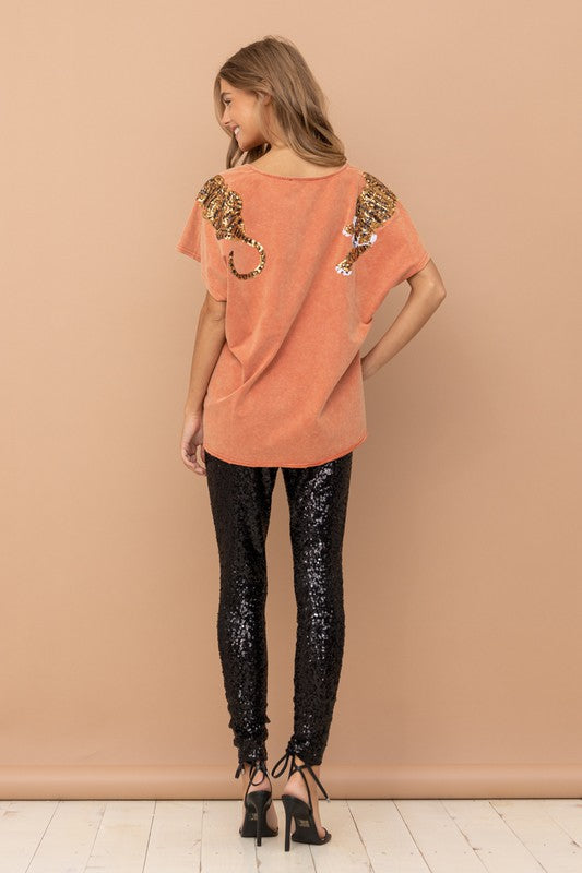 Tiger Sequin Patch T Shirt - Boho Soho