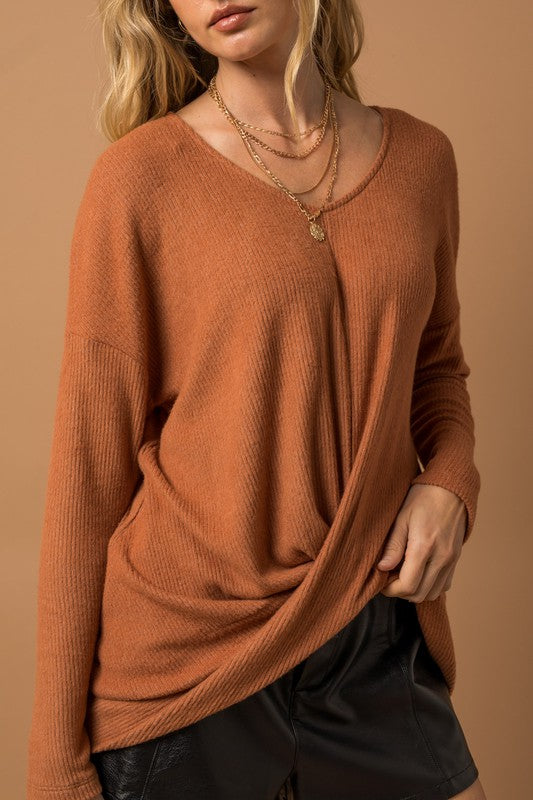 Gilli Long Sleeve V-Neck Draped Top