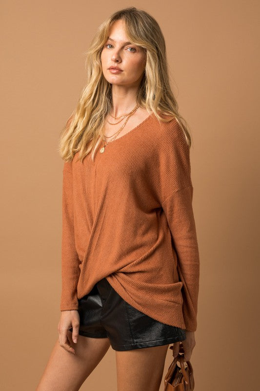 Gilli Long Sleeve V-Neck Draped Top